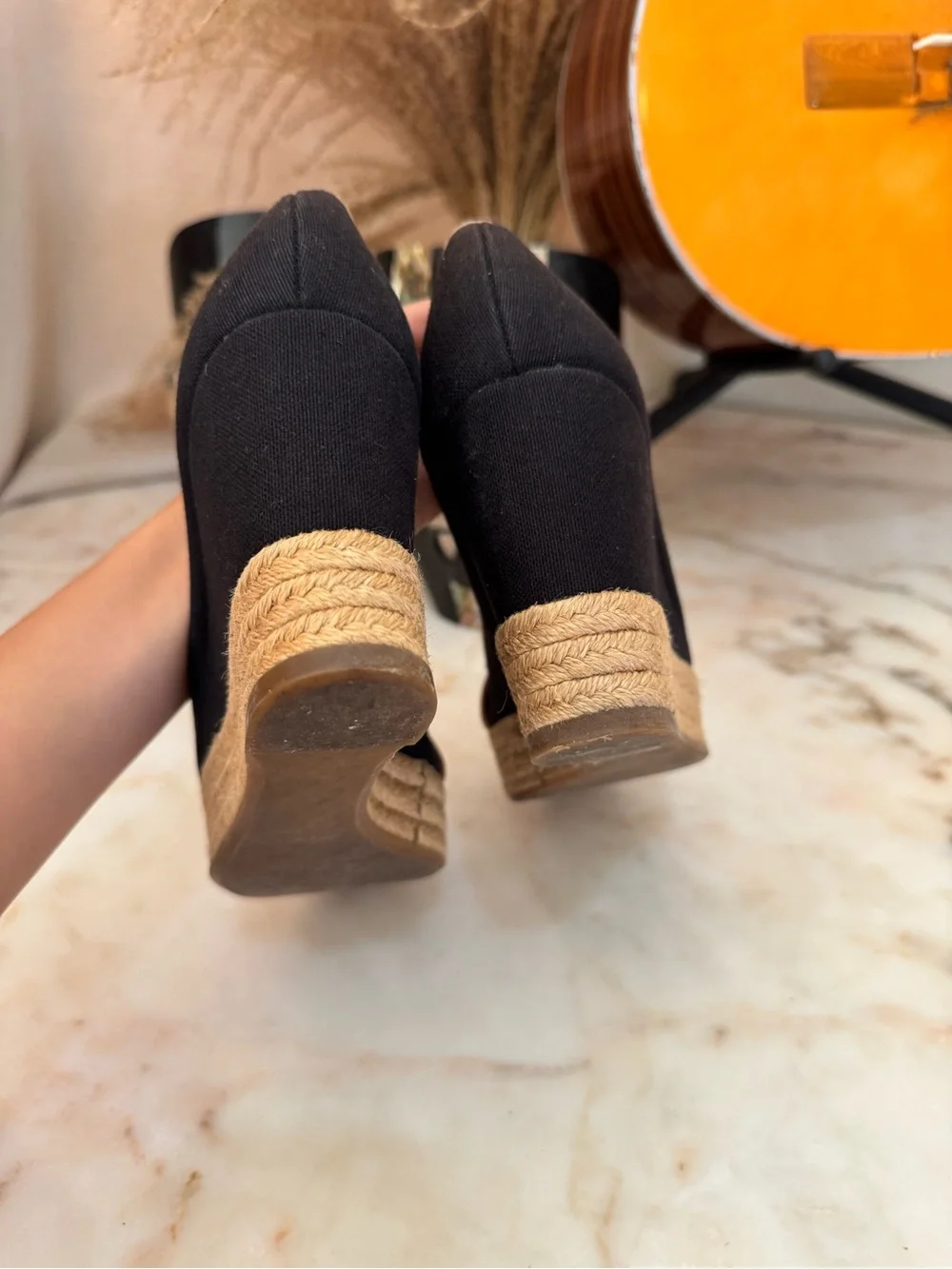 Tory Burch Black Canvas Espadrille Wedge Peep Toe Shoes Women’s EU 37.5